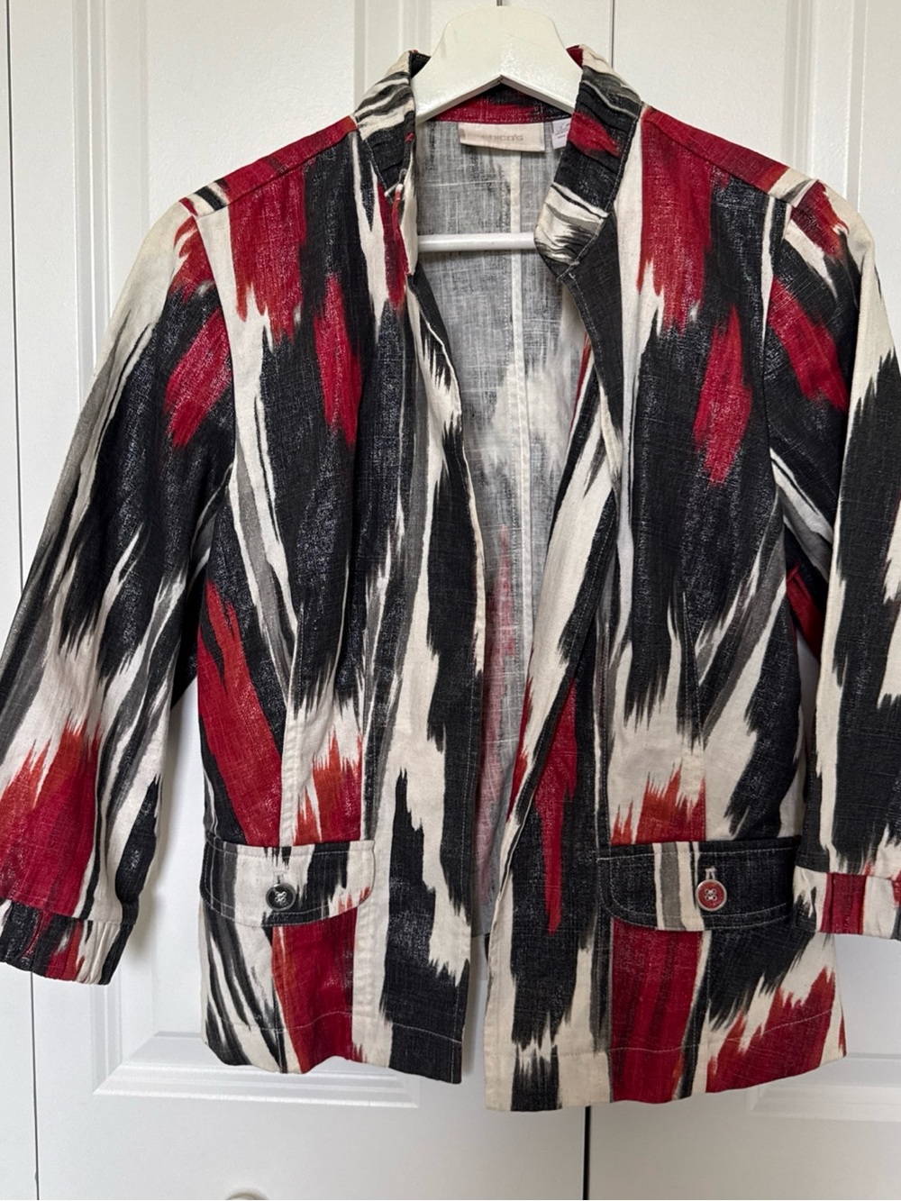 Chicos Linen Cotton 3/4 Sleeve Blazer Brushstroke Design with Silver Threading S